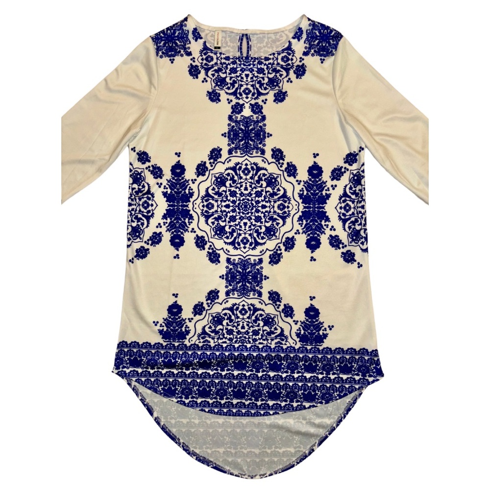 FAVOLOOK WOMENS WHITE AND COBALT BLUE FLORAL PRINT DRESS SIZE L - Picture 2 of 4